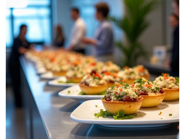 Professional buffet setup with a variety of gourmet dishes for a corporate event