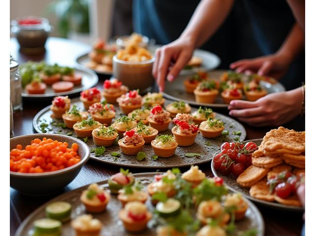 Vibrant canapés and small bites on elegant platters at a private home party