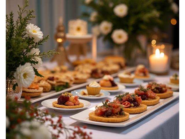 Elegant wedding reception featuring beautifully arranged food and floral decorations